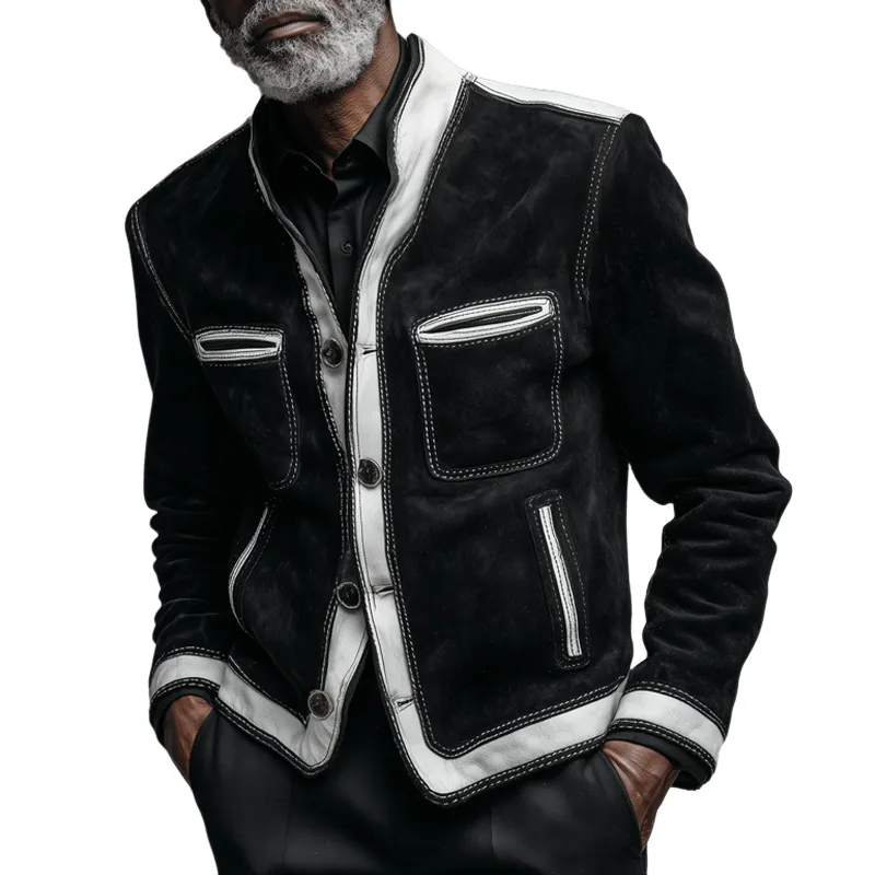 Men's Colorblock Faux Suede Stand Collar Multi-pocket Bike Jacket MTA0222H5Z sold by Manly