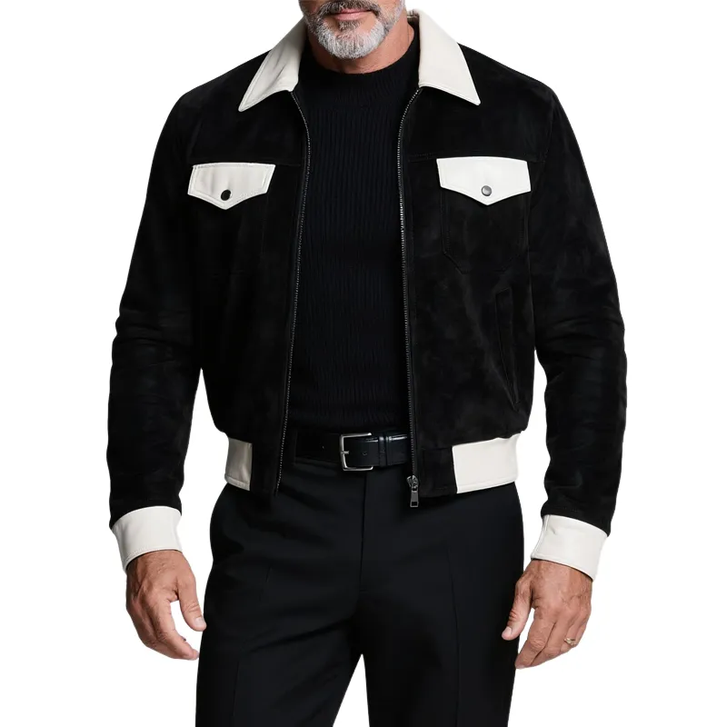 Men's Colorblock Faux Suede Lapel Chest Pocket Bike Jacket MTA0262H9Z sold by Manly