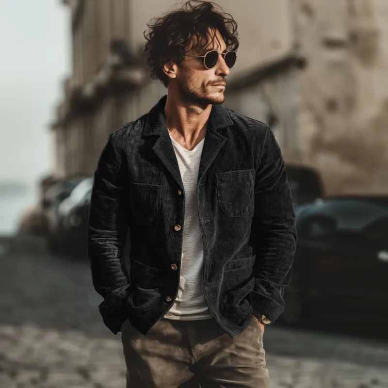 Men's Casual Solid Color Corduroy Lapel Single-breasted Patch Pocket Loose Cargo Jacket MTA3107G1M sold by Manly product image thumbnail 4