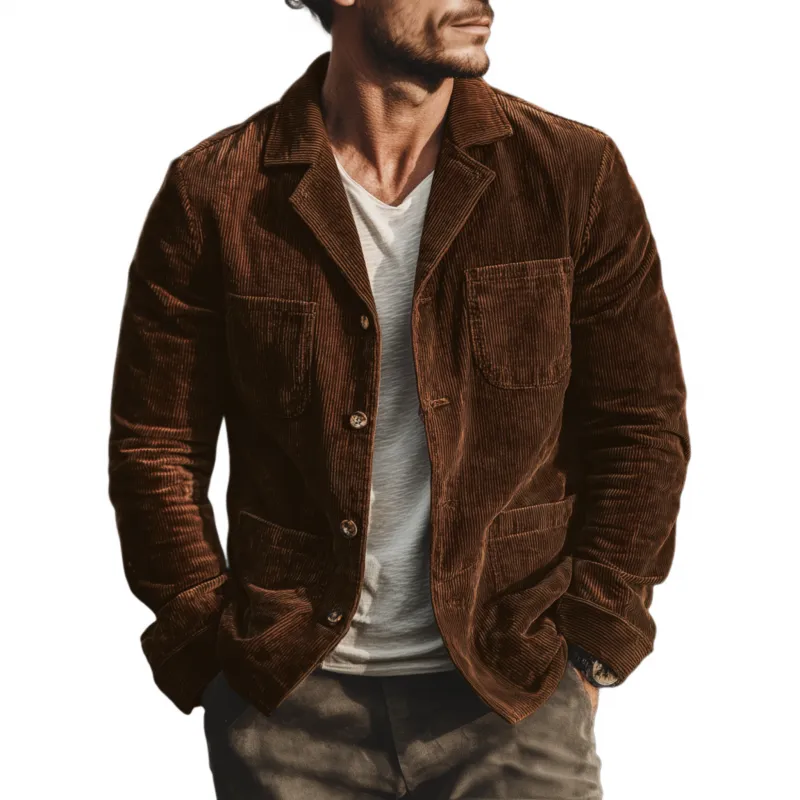 Men's Casual Solid Color Corduroy Lapel Single-breasted Patch Pocket Loose Cargo Jacket MTA3107G1M sold by Manly