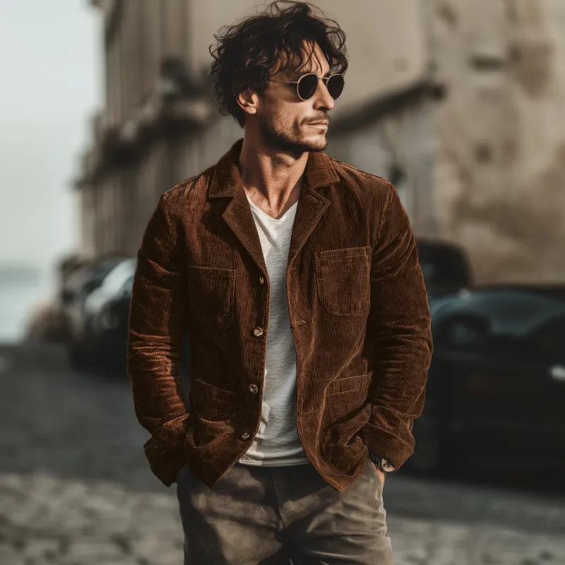 Men's Casual Solid Color Corduroy Lapel Single-breasted Patch Pocket Loose Cargo Jacket MTA3107G1M sold by Manly product image thumbnail 3