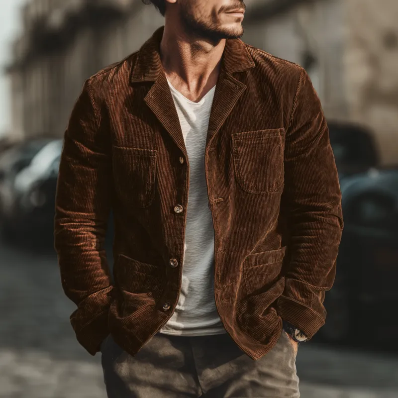 Men's Casual Solid Color Corduroy Lapel Single-breasted Patch Pocket Loose Cargo Jacket MTA3107G1M sold by Manly product image thumbnail 2