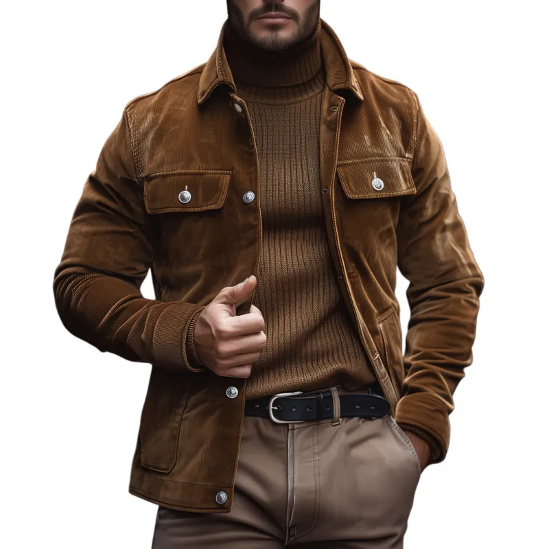 Men's Casual Solid Color Corduroy Lapel Single-breasted Slim-fit Cargo Jacket MTA3149G3M sold by Manly