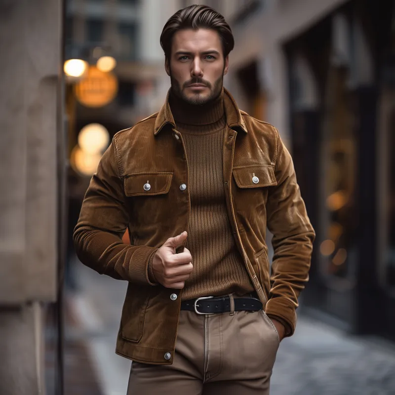 Men's Casual Solid Color Corduroy Lapel Single-breasted Slim-fit Cargo Jacket MTA3149G3M sold by Manly product image thumbnail 3