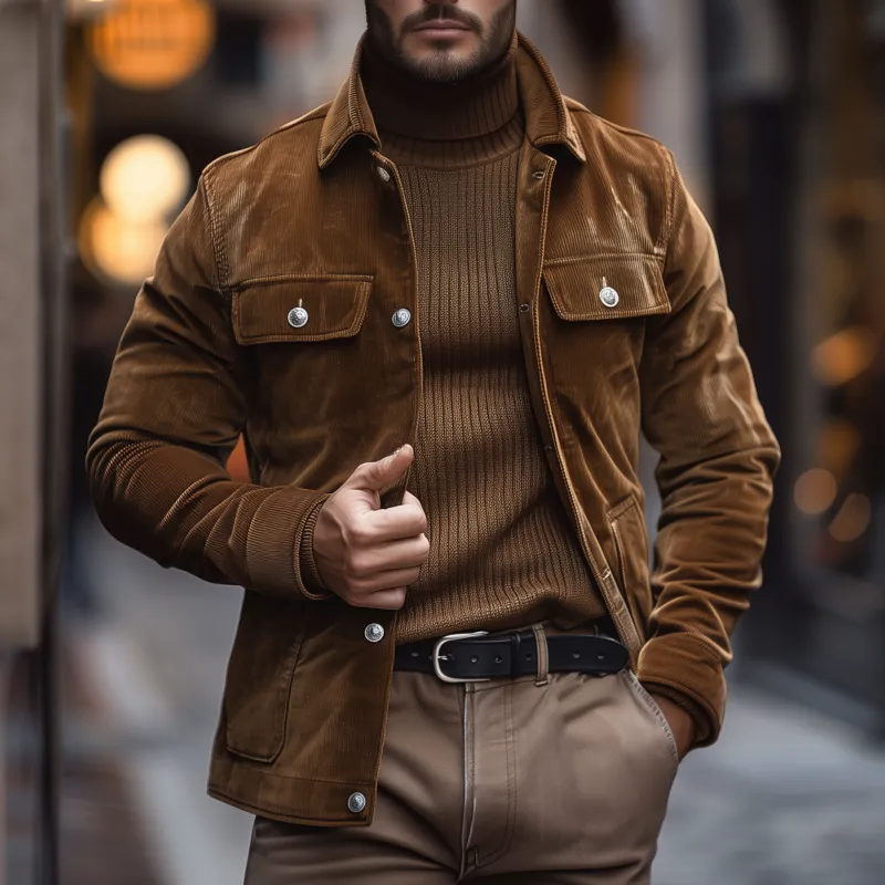 Men's Casual Solid Color Corduroy Lapel Single-breasted Slim-fit Cargo Jacket MTA3149G3M sold by Manly product image thumbnail 2