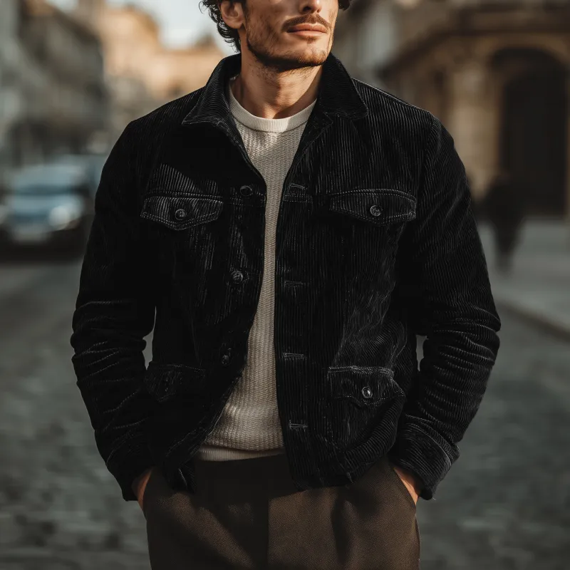 Men's Vintage Solid Color Corduroy Lapel Single-breasted Multi-pocket Cargo Jacket MTA3156G3M sold by Manly product image thumbnail 4