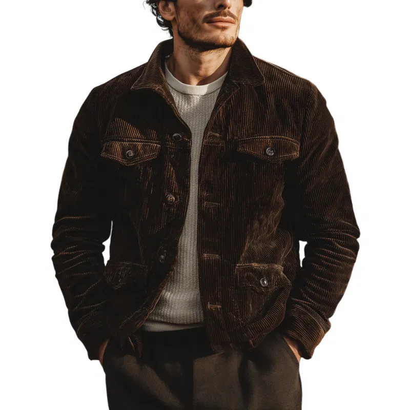 Men's Vintage Solid Color Corduroy Lapel Single-breasted Multi-pocket Cargo Jacket MTA3156G3M sold by Manly