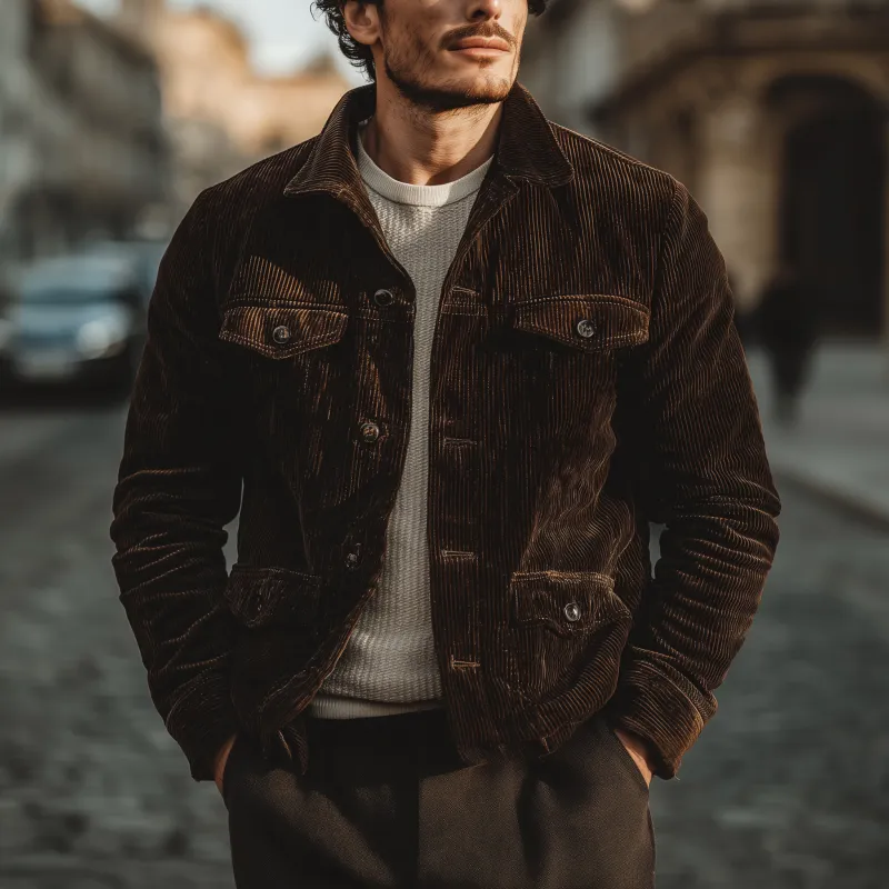 Men's Vintage Solid Color Corduroy Lapel Single-breasted Multi-pocket Cargo Jacket MTA3156G3M sold by Manly product image thumbnail 3