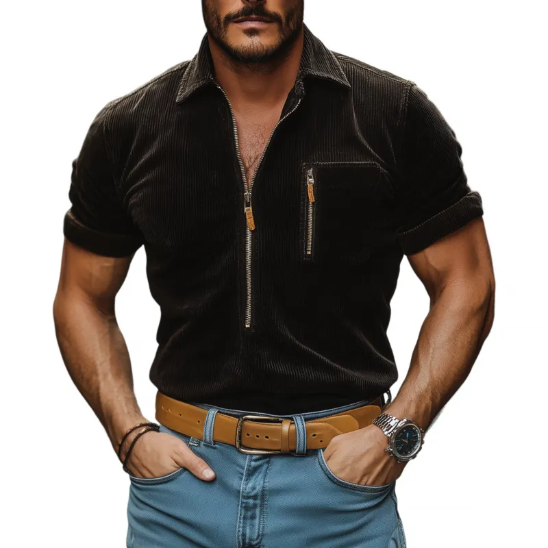 Men's Vintage Corduroy Zipper Lapel Chest Pocket Slim Fit Pullover Short Sleeve Shirt MTA3029G7M sold by Manly