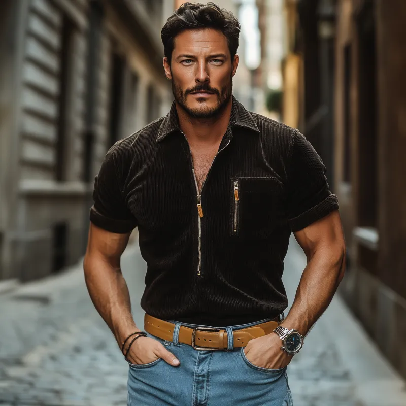 Men's Vintage Corduroy Zipper Lapel Chest Pocket Slim Fit Pullover Short Sleeve Shirt MTA3029G7M sold by Manly product image thumbnail 3