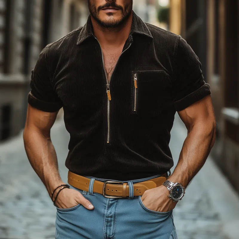 Men's Vintage Corduroy Zipper Lapel Chest Pocket Slim Fit Pullover Short Sleeve Shirt MTA3029G7M sold by Manly product image thumbnail 2