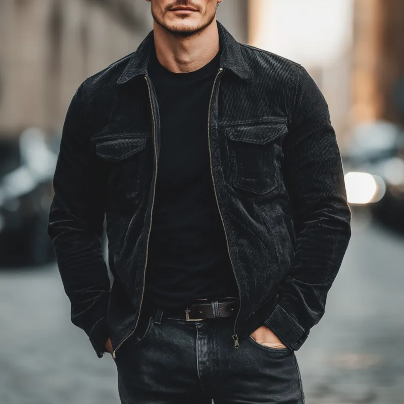 Men's Casual Fashion Solid Color Corduroy Lapel Zipper Placket Multi-pocket Loose Jacket MTA3061G3M sold by Manly product image thumbnail 2