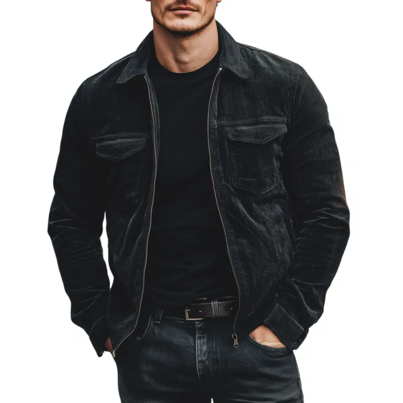 Men's Casual Fashion Solid Color Corduroy Lapel Zipper Placket Multi-pocket Loose Jacket MTA3061G3M sold by Manly