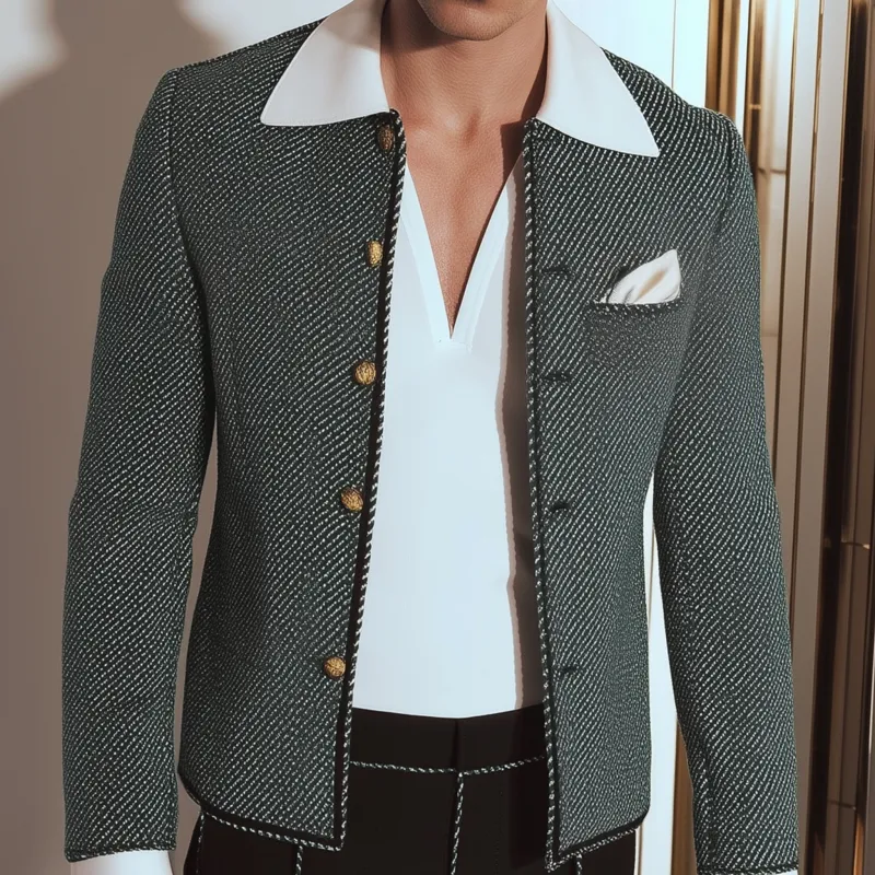 Men's Vintage Fashion Twill Jacquard Contrast Color Trim Round Neck Single Breasted Slim Box Jacket MTA2211G8M sold by Manly product image thumbnail 3