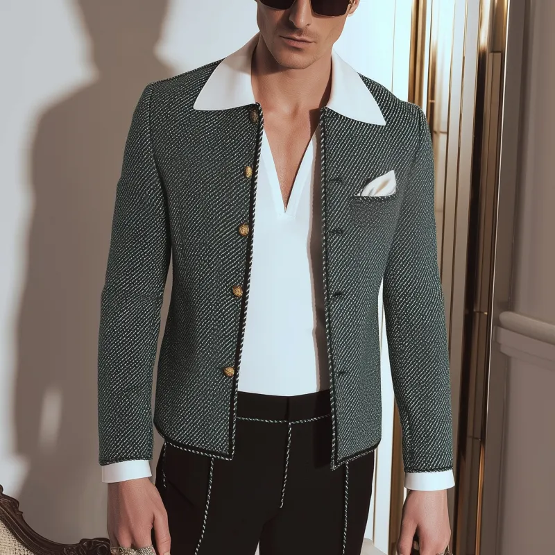 Men's Vintage Fashion Twill Jacquard Contrast Color Trim Round Neck Single Breasted Slim Box Jacket MTA2211G8M sold by Manly product image thumbnail 2