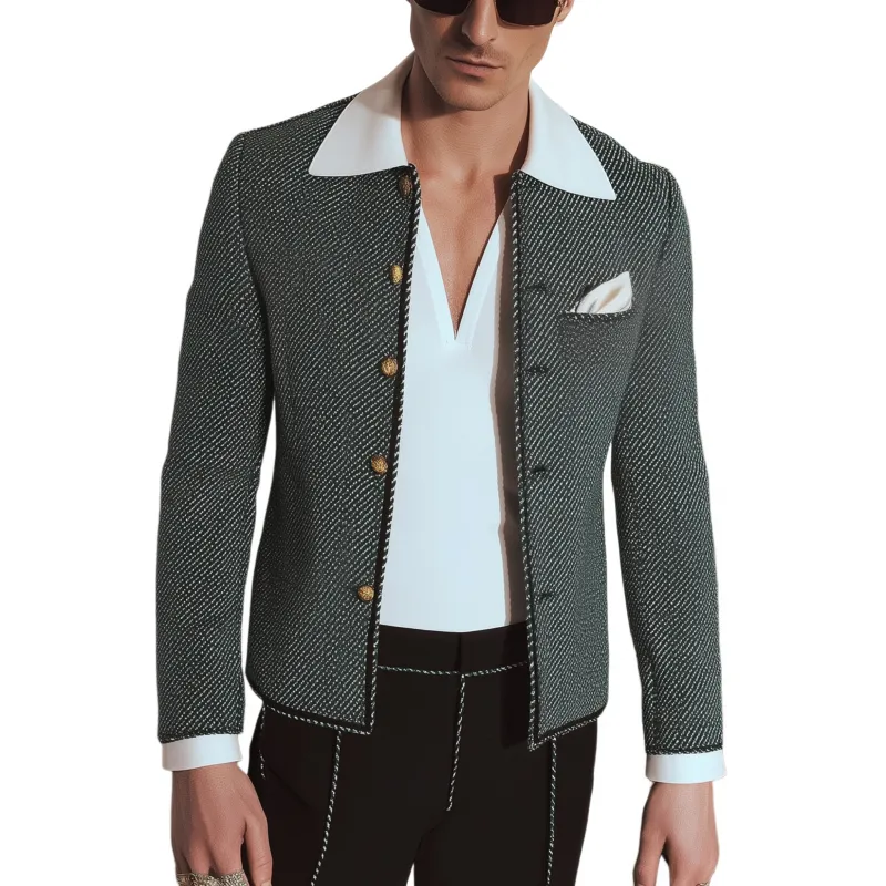 Men's Vintage Fashion Twill Jacquard Contrast Color Trim Round Neck Single Breasted Slim Box Jacket MTA2211G8M sold by Manly