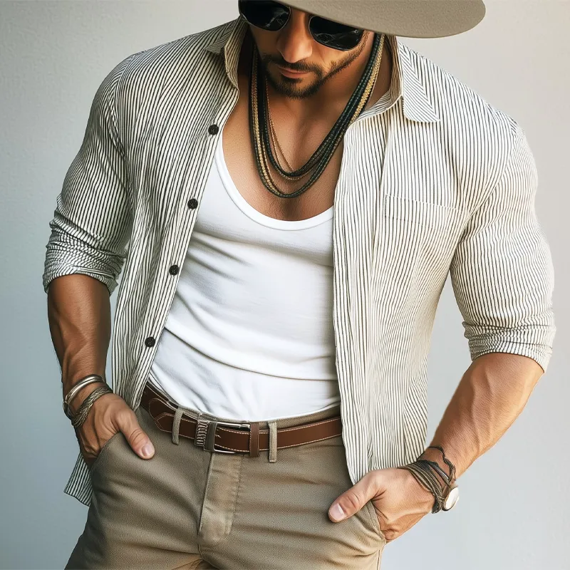 Men's Classic Lapel Vertical Striped Long-sleeved Shirt MTA0175H6U sold by Manly product image thumbnail 2