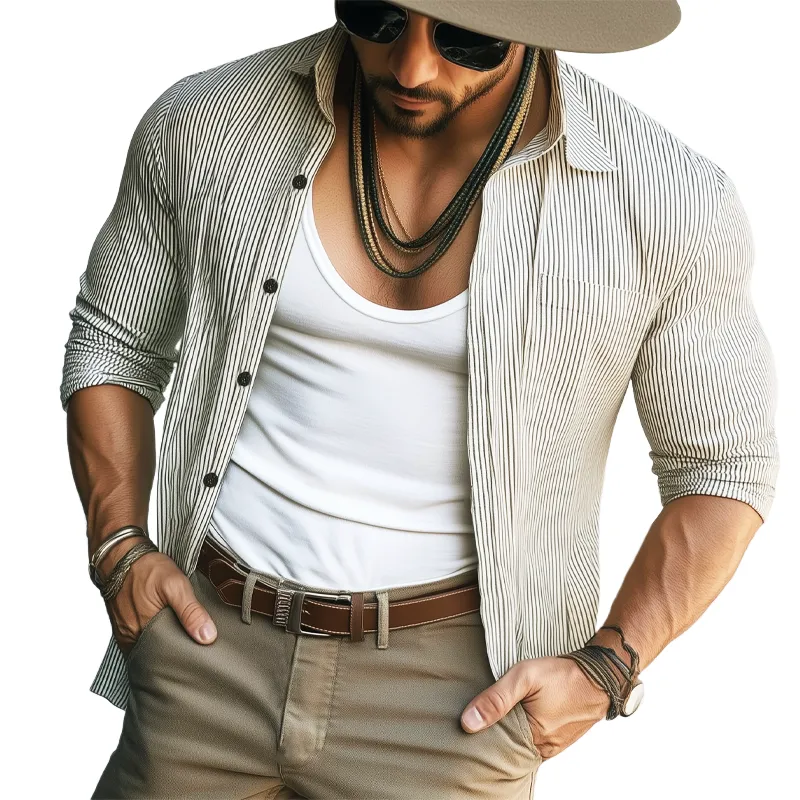 Men's Classic Lapel Vertical Striped Long-sleeved Shirt MTA0175H6U sold by Manly