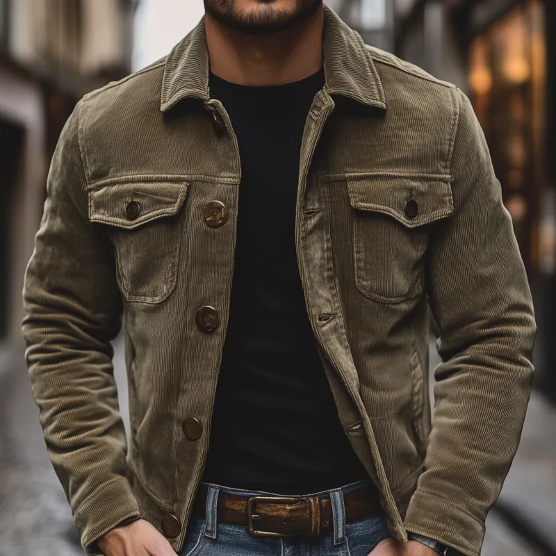 Men's Vintage Solid Color Corduroy Lapel Single Breasted Chest Pocket Cargo Jacket MTA3042G2M sold by Manly product image thumbnail 3