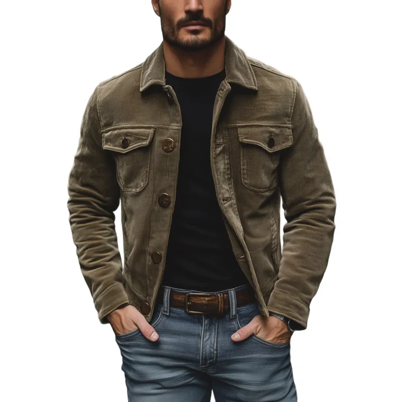 Men's Vintage Solid Color Corduroy Lapel Single Breasted Chest Pocket Cargo Jacket MTA3042G2M sold by Manly