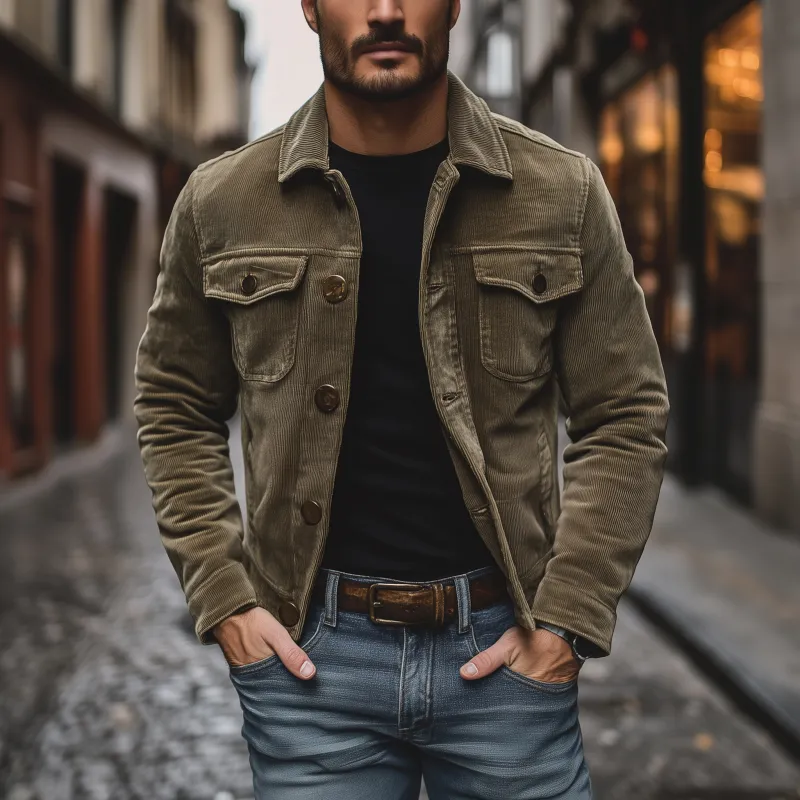 Men's Vintage Solid Color Corduroy Lapel Single Breasted Chest Pocket Cargo Jacket MTA3042G2M sold by Manly product image thumbnail 2