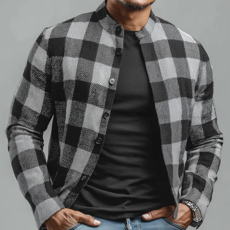Men's Casual Classic Cotton Blend Plaid Stand Collar Single-breasted Cropped Jacket MTA2920G5M sold by Manly product image thumbnail 3