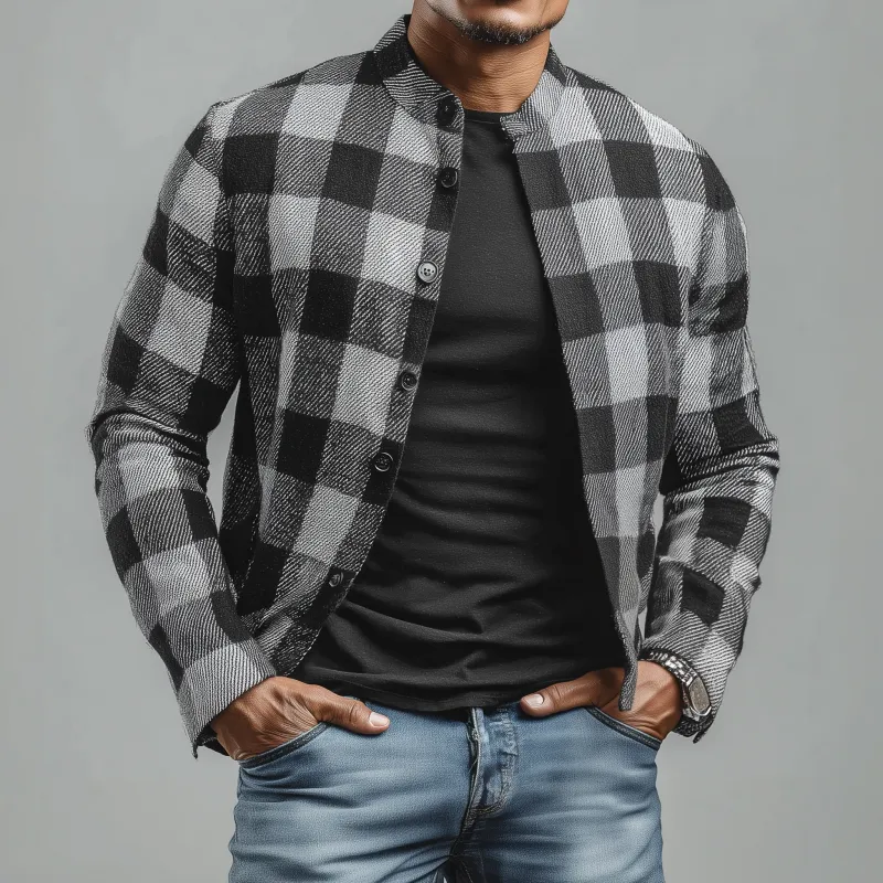 Men's Casual Classic Cotton Blend Plaid Stand Collar Single-breasted Cropped Jacket MTA2920G5M sold by Manly product image thumbnail 2