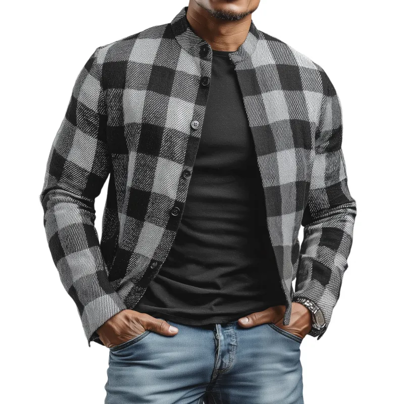 Men's Casual Classic Cotton Blend Plaid Stand Collar Single-breasted Cropped Jacket MTA2920G5M sold by Manly