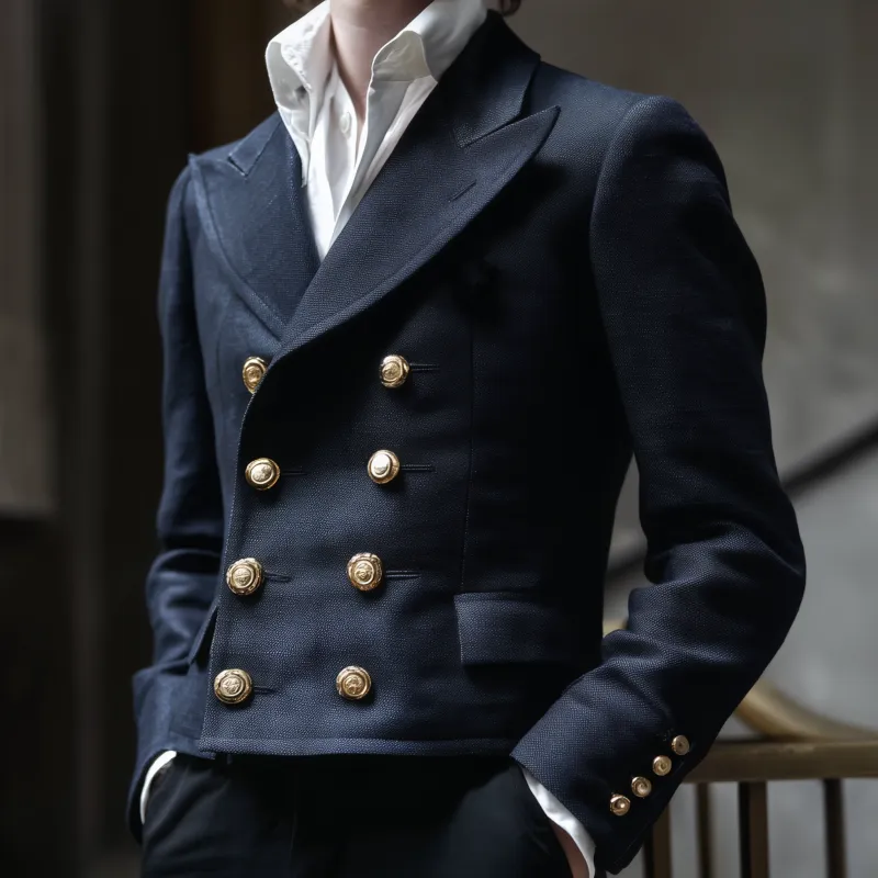 Men's Vintage Solid Color Cotton Blend Peaked Lapel Double-Breasted Metal Button Slim-Fit Cropped Jacket MTA2926G0M sold by Manly product image thumbnail 3