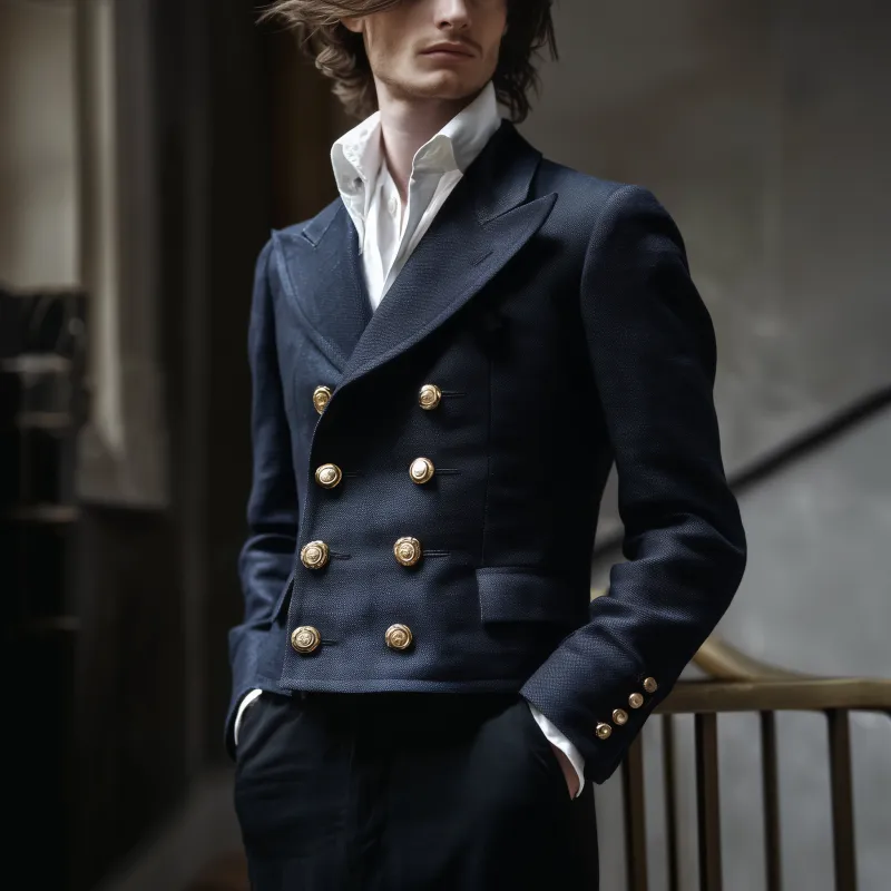 Men's Vintage Solid Color Cotton Blend Peaked Lapel Double-Breasted Metal Button Slim-Fit Cropped Jacket MTA2926G0M sold by Manly product image thumbnail 2