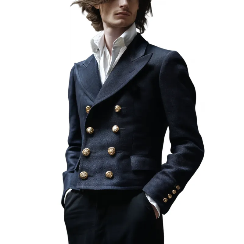 Men's Vintage Solid Color Cotton Blend Peaked Lapel Double-Breasted Metal Button Slim-Fit Cropped Jacket MTA2926G0M sold by Manly