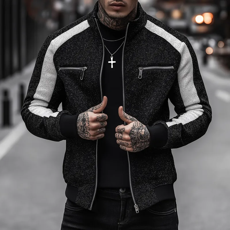 Men's Black And White Mixed Color Knit Stand Collar Zipper Jacket MTA0170H3Z sold by Manly product image thumbnail 2