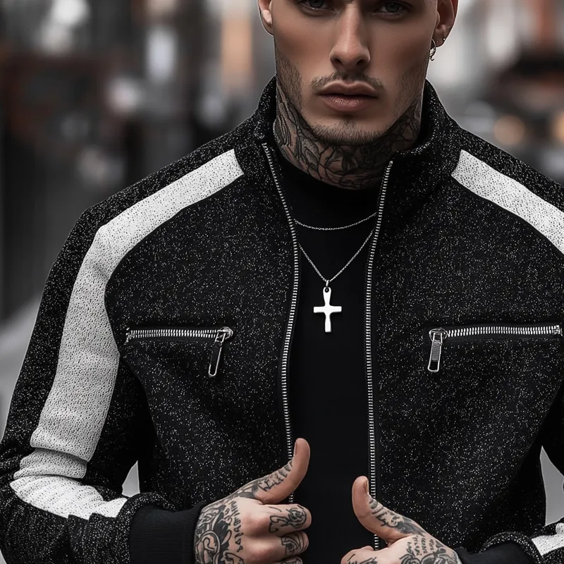 Men's Black And White Mixed Color Knit Stand Collar Zipper Jacket MTA0170H3Z sold by Manly product image thumbnail 3