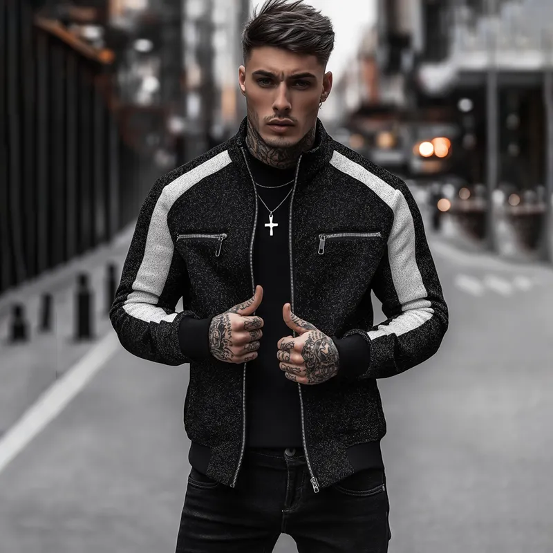 Men's Black And White Mixed Color Knit Stand Collar Zipper Jacket MTA0170H3Z sold by Manly product image thumbnail 4