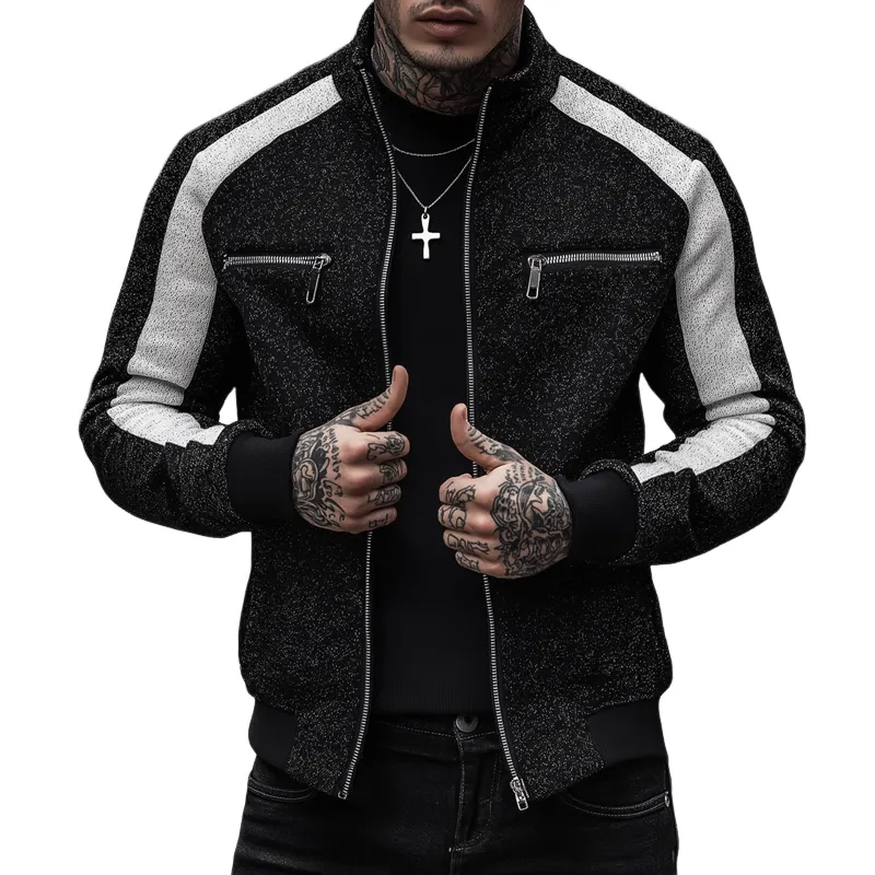 Men's Black And White Mixed Color Knit Stand Collar Zipper Jacket MTA0170H3Z sold by Manly
