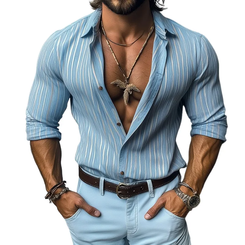 Men's Fashion Striped Lapel Long Sleeve Shirt MTA0126H8Z sold by Manly