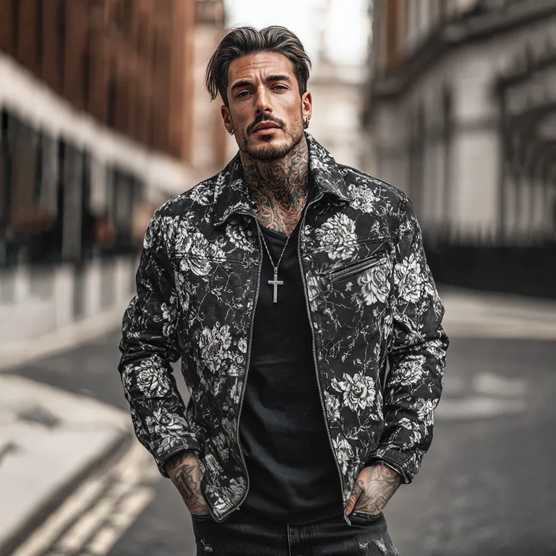 Men's Fashion Floral Print Lapel Chest Pocket Zipper Jacket MTA0125H2Z sold by Manly product image thumbnail 4