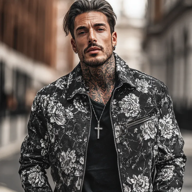 Men's Fashion Floral Print Lapel Chest Pocket Zipper Jacket MTA0125H2Z sold by Manly product image thumbnail 3
