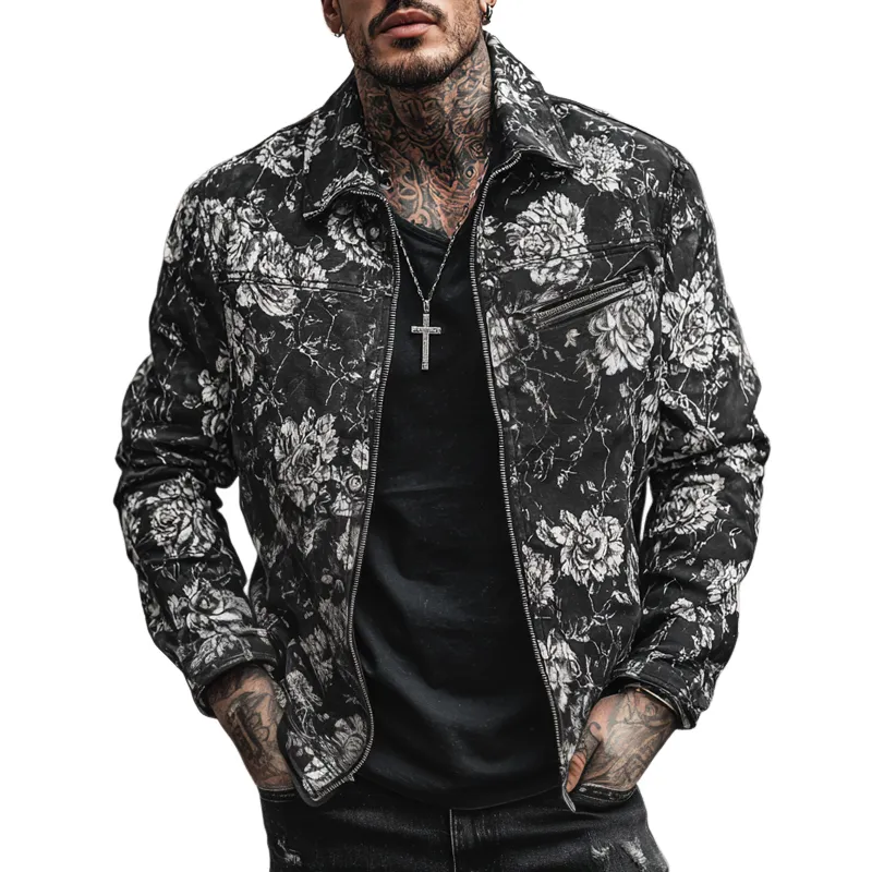 Men's Fashion Floral Print Lapel Chest Pocket Zipper Jacket MTA0125H2Z sold by Manly