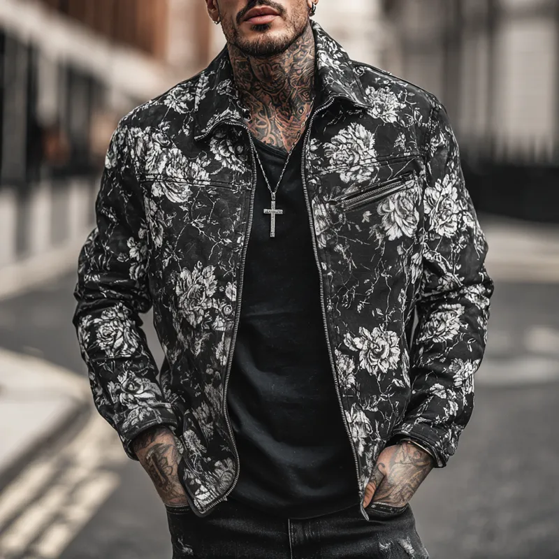 Men's Fashion Floral Print Lapel Chest Pocket Zipper Jacket MTA0125H2Z sold by Manly product image thumbnail 2