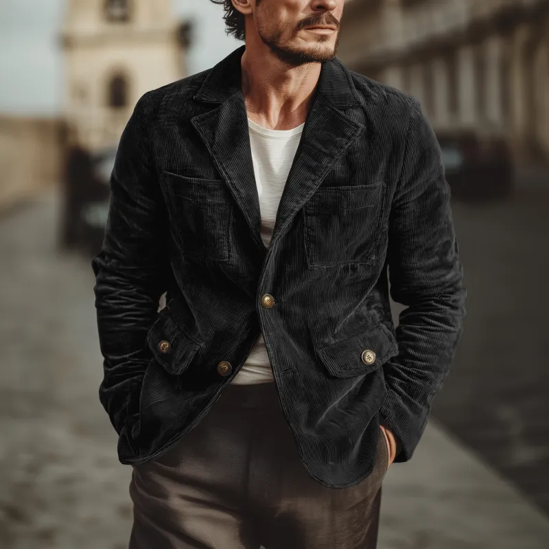 Men's Vintage Corduroy Notch Lapel Single-breasted Multi-pocket Cargo Blazer MTA3135G0M sold by Manly product image thumbnail 4