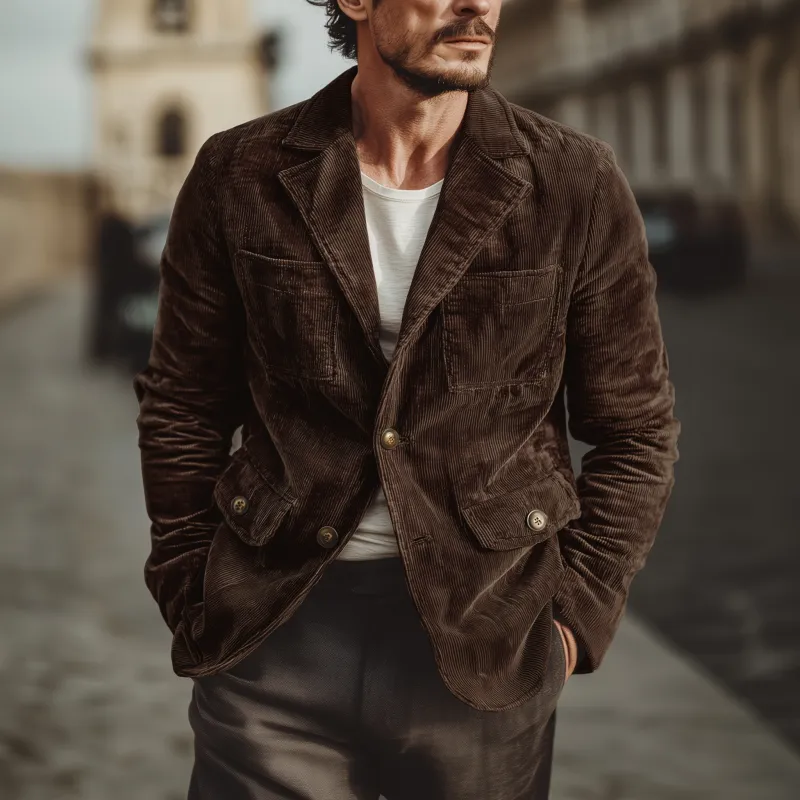 Men's Vintage Corduroy Notch Lapel Single-breasted Multi-pocket Cargo Blazer MTA3135G0M sold by Manly product image thumbnail 5