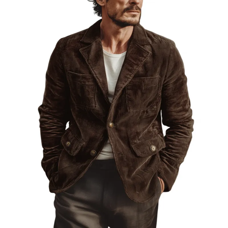 Men's Vintage Corduroy Notch Lapel Single-breasted Multi-pocket Cargo Blazer MTA3135G0M sold by Manly product image thumbnail 2