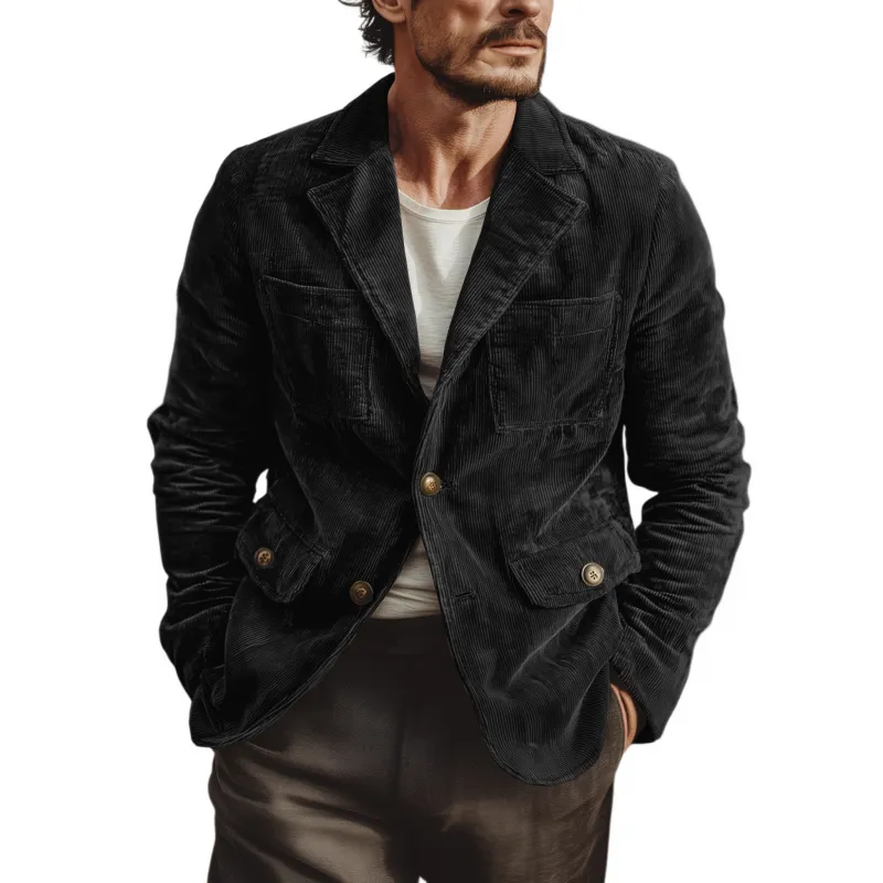Men's Vintage Corduroy Notch Lapel Single-breasted Multi-pocket Cargo Blazer MTA3135G0M sold by Manly
