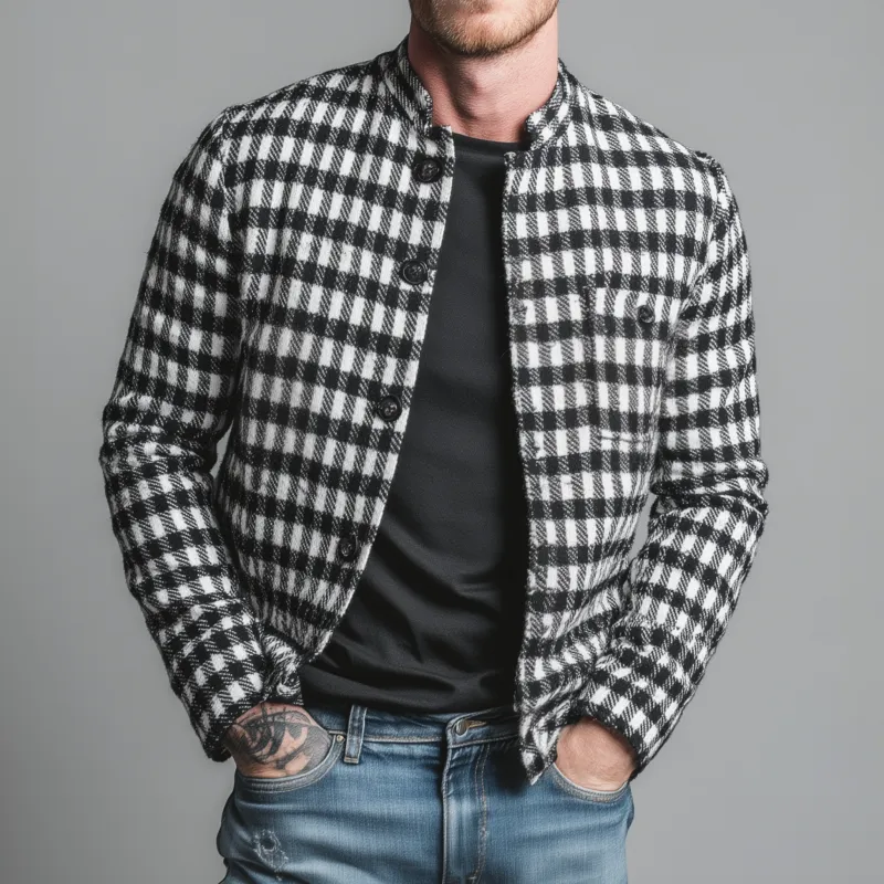 Men's Classic Contrast Color Check Jacquard Stand Collar Single Breasted Slim Fit Jacket MTA2951G3M sold by Manly product image thumbnail 2