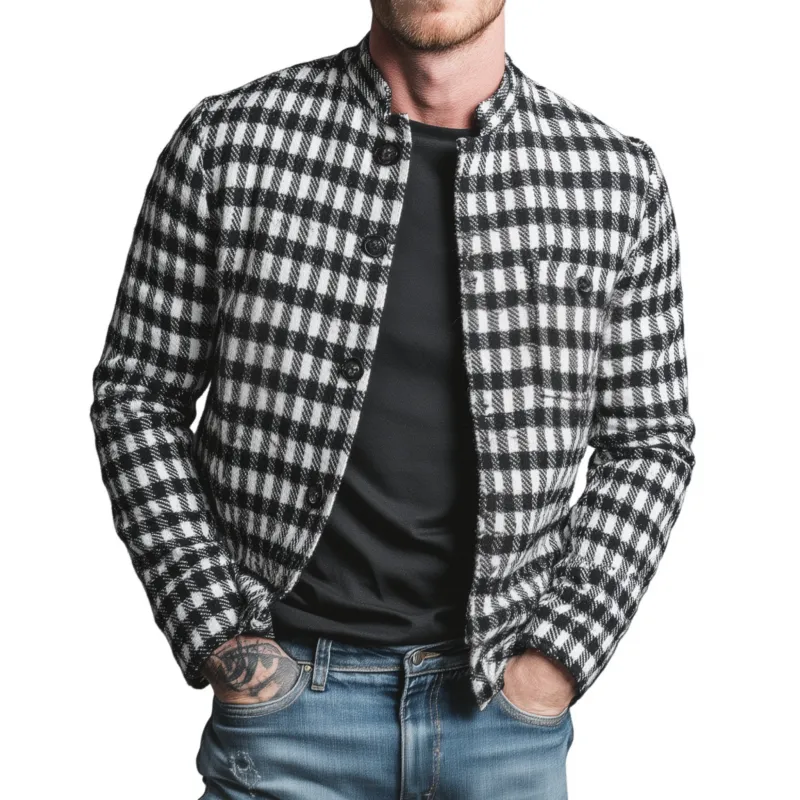 Men's Classic Contrast Color Check Jacquard Stand Collar Single Breasted Slim Fit Jacket MTA2951G3M sold by Manly