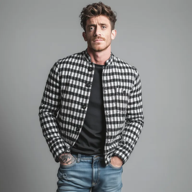 Men's Classic Contrast Color Check Jacquard Stand Collar Single Breasted Slim Fit Jacket MTA2951G3M sold by Manly product image thumbnail 3