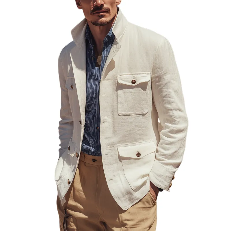 Men's Classic Retro Casual Lapel Multi-pocket Cotton And Linen Jacket MTA0104H4K sold by Manly