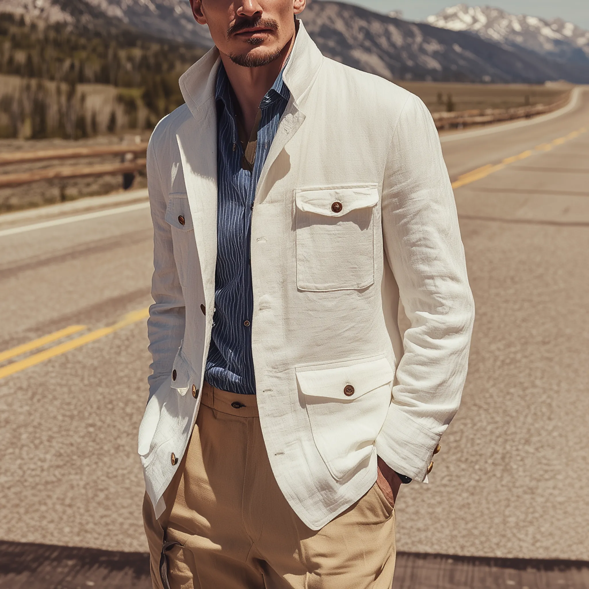 Men's Classic Retro Casual Lapel Multi-pocket Cotton And Linen Jacket MTA0104H4K sold by Manly product image thumbnail 2