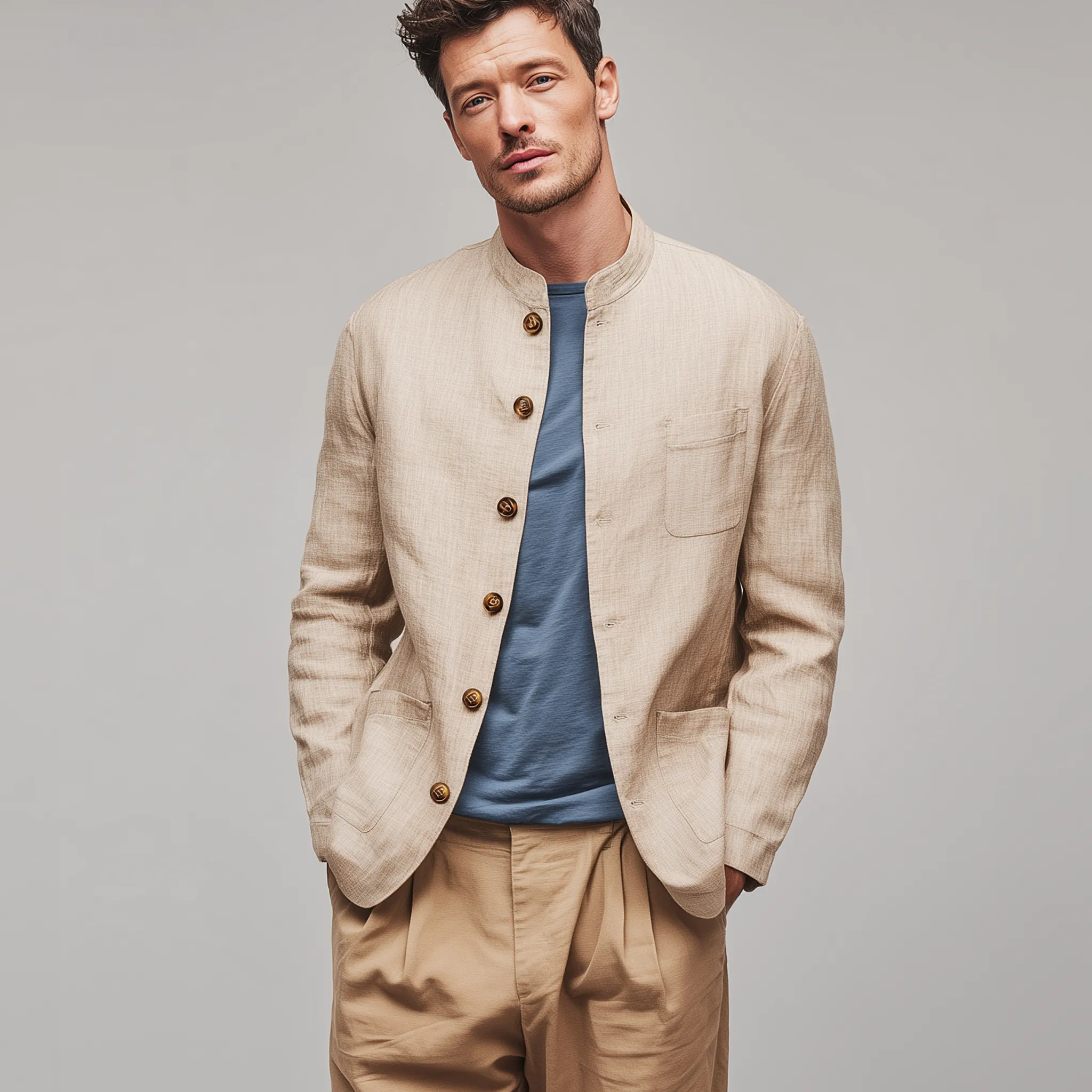 Men's Classic Retro Casual Cotton And Linen Blend Stand Collar Multi-pocket Jacket MTA0184H4K sold by Manly product image thumbnail 3